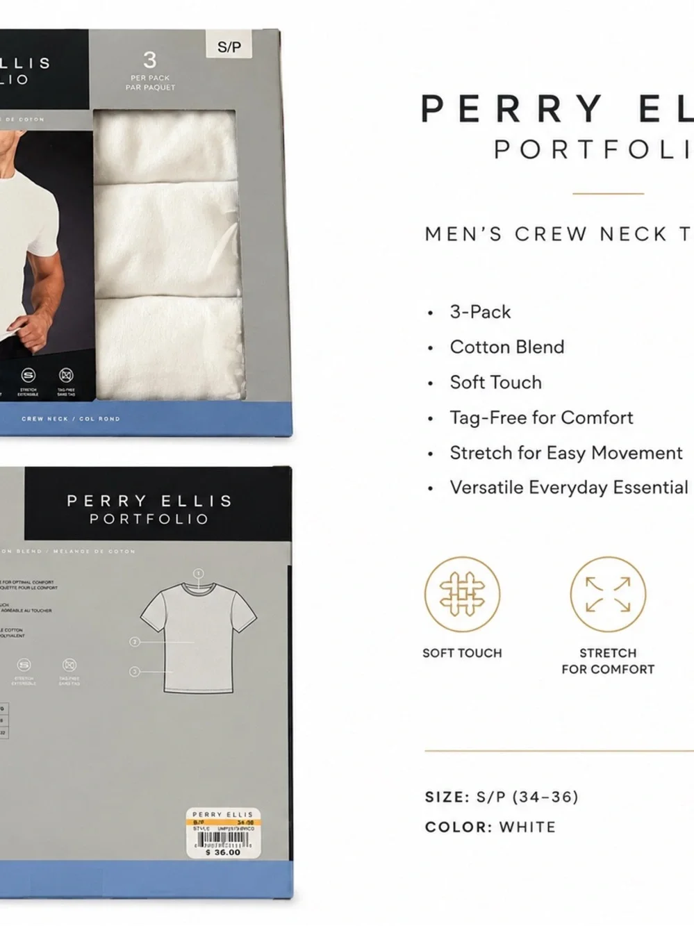 Perry Ellis White Crew Neck Undershirts 3-Pack